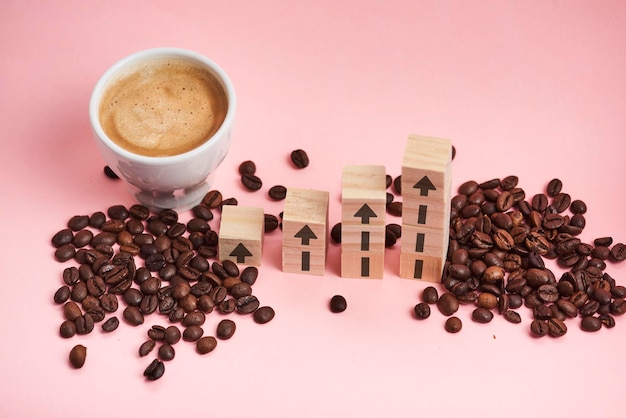 Ziarna kawy i filiżanka z drewnianymi klockami ułożonymi w rosnący kształt ze strzałką jako koncepcja wzrostu ceny kawy