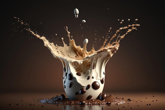 Ziarna kawy i mleko wpadające do plusku kawy AI Generation