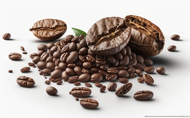 Ziarna kawy i ziarna kawy są rozrzucone na białym tle.