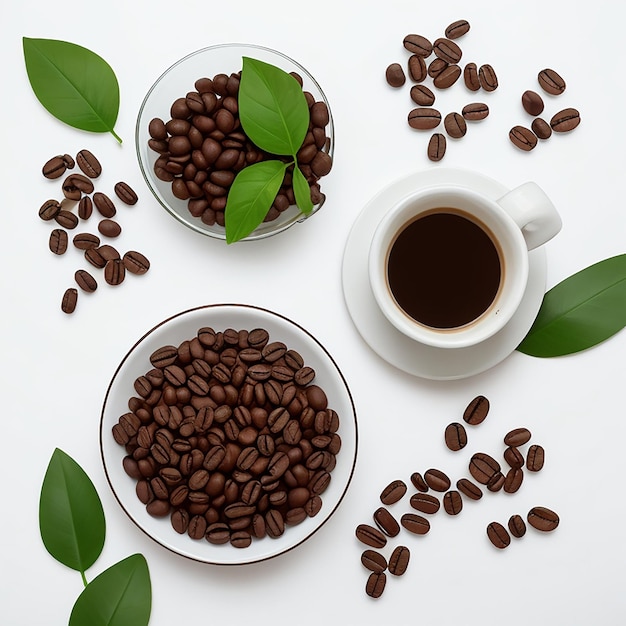 Ziarna kawy, liść i szklanka kawy w rogu na białym tle wygenerowane przez sztuczną inteligencję