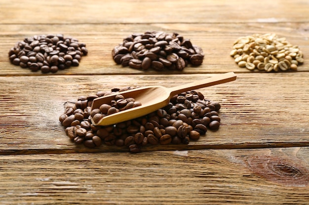 Zdjęcie ziarna kawy na drewnianym tle