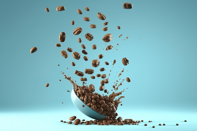 Zdjęcie ziarna kawy spadające w powietrzu na jasnoniebieskim tle nakręcone w studiu fotograficznym