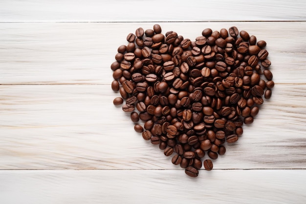 Ziarna kawy w kształcie serca na białym tle drewnianych Widok z góry z miejsca na kopię