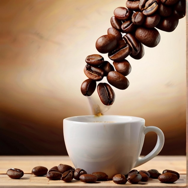 Ziarna kawy wpadają do filiżanki z ziarnami kawy na niewyraźnym drewnianym tle