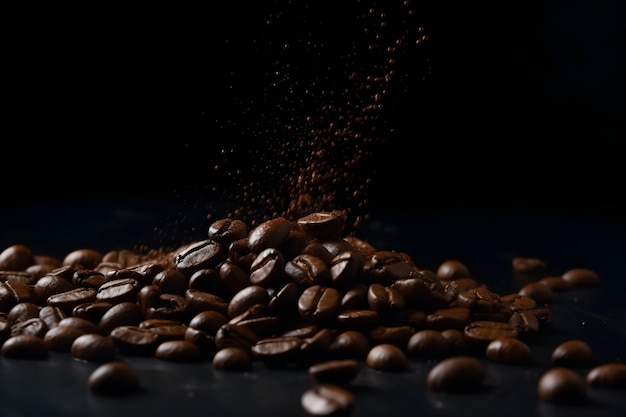 Ziarna kawy wpadające do odrobiny czekolady na czarnym tle