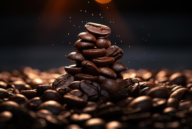 ziarno kawy na szczycie stosu cukru w stylu panoramy bokeh