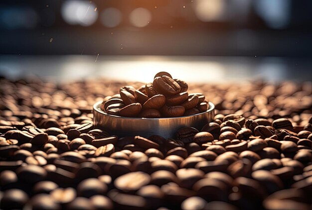 Zdjęcie ziarno kawy na szczycie stosu cukru w stylu panoramy bokeh