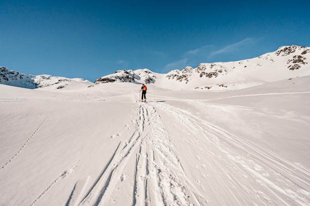 Ziarska dolina slovakia 1022022 Alpinista backcountry ski walking skialpinista w górach Skialpinizm w alpejskim krajobrazie z ośnieżonymi drzewami Przygoda sporty zimowe