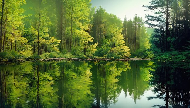 Zdjęcie zieleń lasu, która odbija się w tafli wody
