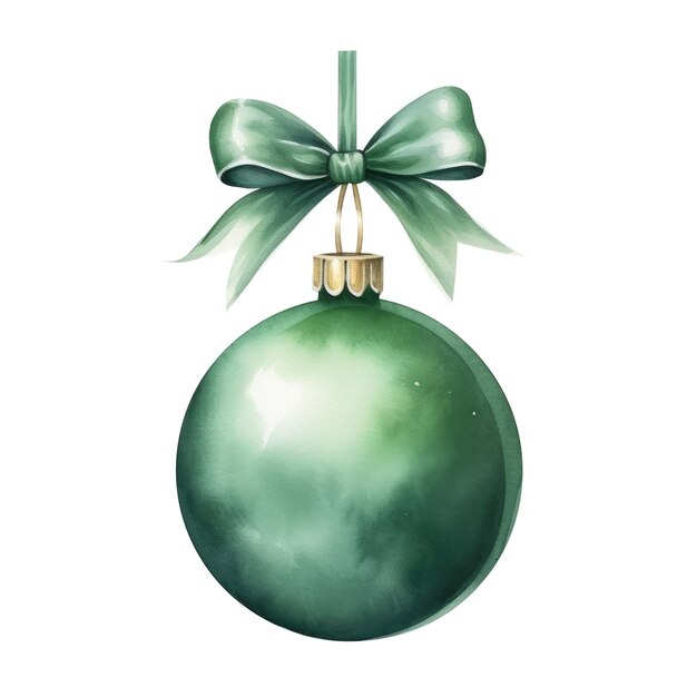 Zielona akwarela świąteczna piłka z wstążką i łukiem izolowaną na tle Generatywna sztuczna inteligencja