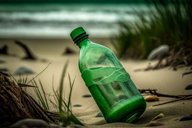 Zielona butelka na plaży leży w piasku.