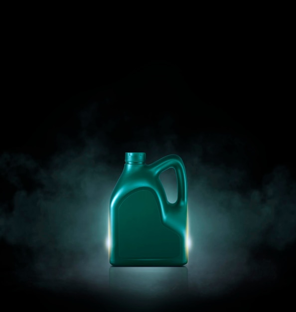 Zielona butelka oleju silnikowego na czarnym tle z dymem