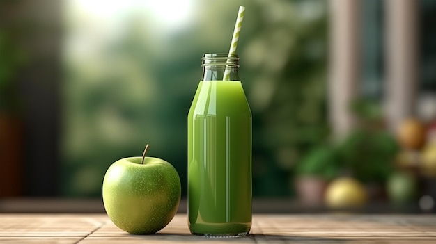 zielona butelka soku jabłkowego z szablonem makiety słomy
