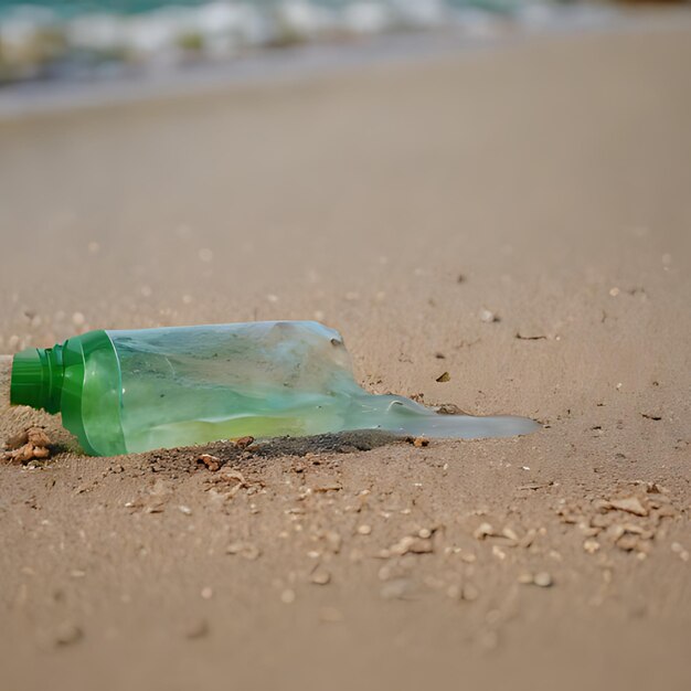 Zdjęcie zielona butelka z zieloną etykietą, która mówi, że na plaży są muszle morskie