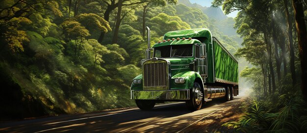 Zdjęcie zielona ciężarówka jeździ w słońcu w stylu fotorealistycznego renderingu plakatów reklamowych