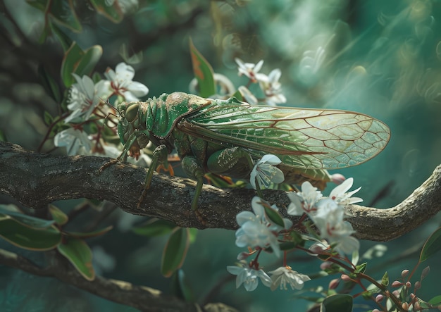 Zielona cykada na gałęzi z kwitnącymi kwiatami