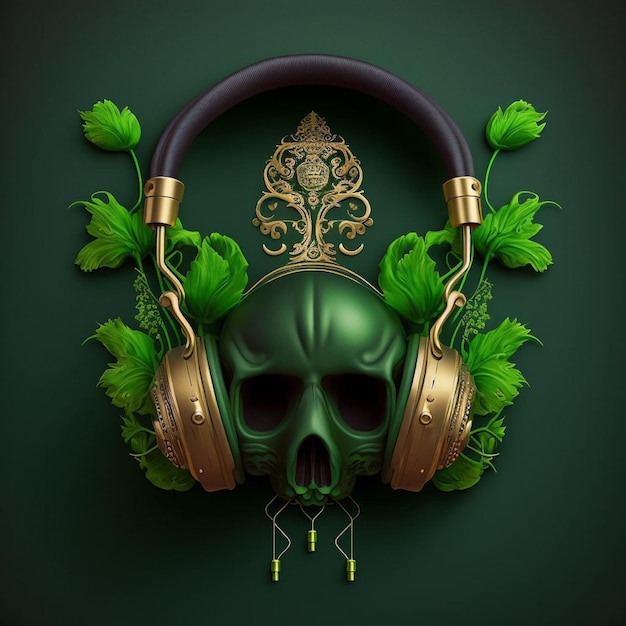 Zielona czaszka ze złotymi słuchawkami