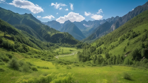 Zielona dolina z górami w tle