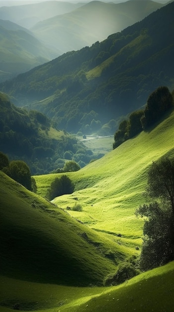 Zielona dolina z widokiem na dolinę poniżej.