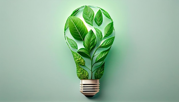 Zielona ekologiczna żarówka ze świeżych liści widok z góry koncepcja energii odnawialnej i zrównoważonego życia Generative AI