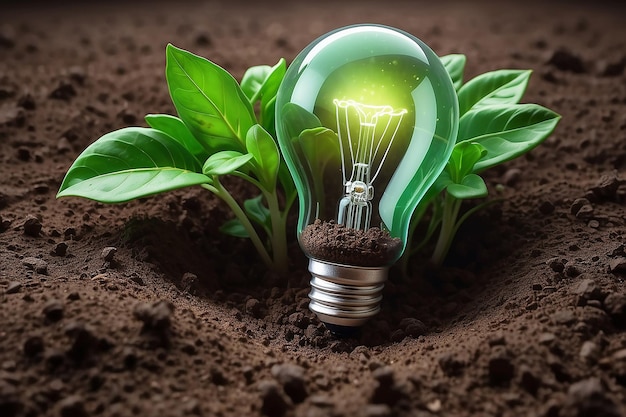 Zielona energia i jasna przyszłość Żarówka w glebie koncepcja sztucznej inteligencji generującej zieloną energię