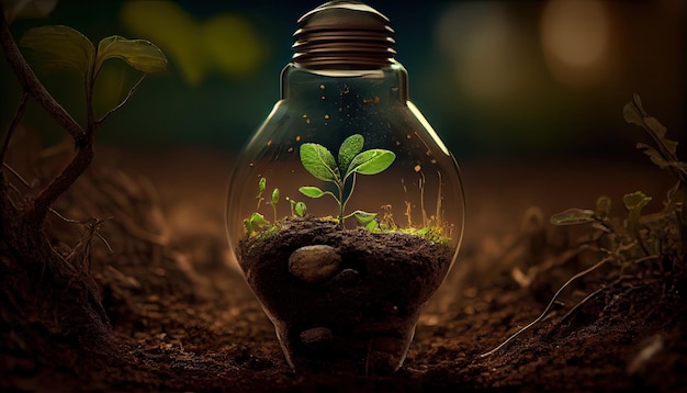 Zielona energia i świetlana przyszłość Żarówka w glebie