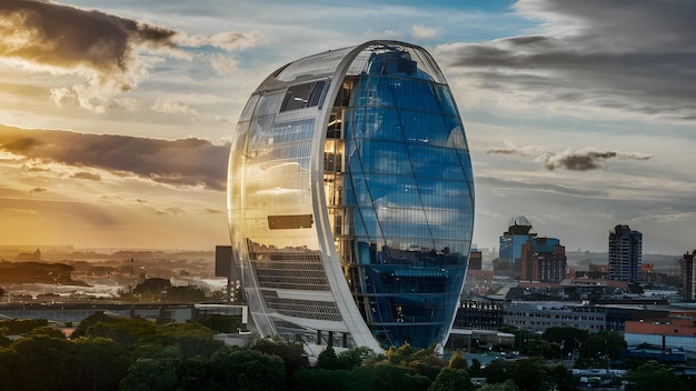 Zielona futurystyczna wieża Zrównoważony rozwój spotyka się z innowacyjnością Koncepcja Zrównoważona architektura Innowacyjny projekt Zielona technologia Budynek przyjazny dla środowiska Budynek futurystyczny