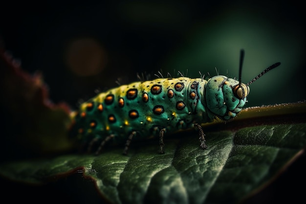 Zielona gąsienica z żółtymi i czarnymi kropkami siedzi na liściu.