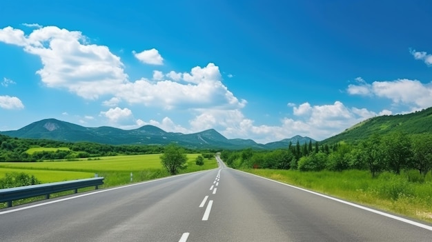 Zielona góra i pusta asfaltowa autostrada naturalne krajobrazy pod niebieskim niebem