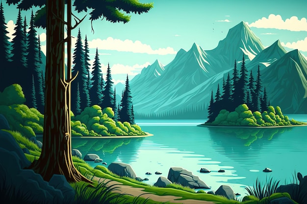 Zielona górska sceneria ze spokojnym niebieskim jeziorem