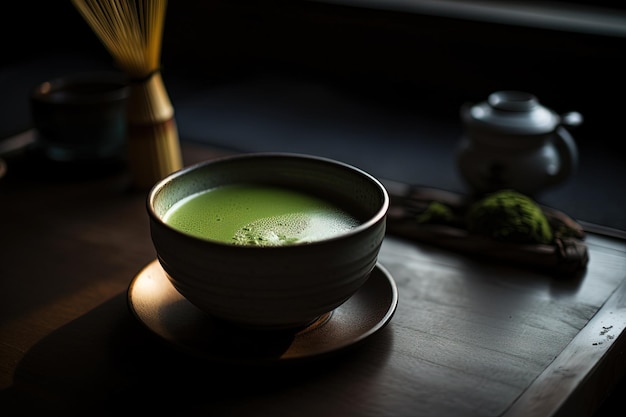 Zielona herbata matcha w ceramicznym kubku na drewnianym stole w wieczornym pokoju Selektywna ostrość Przytulny nastrój