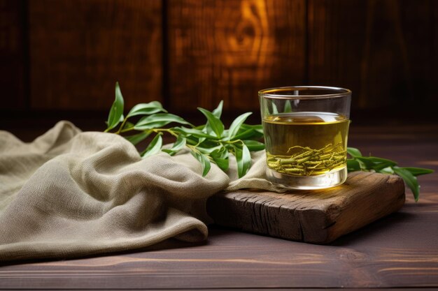 Zielona herbata oolong z ziołami na drewnianym tle