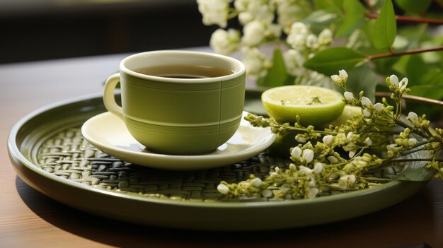 Zielona herbata podawana w białym kubku
