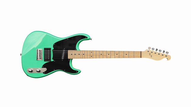 Zielona i czarna sześciostrunowa gitara elektryczna na białym tle na białym tle. renderowania 3D.