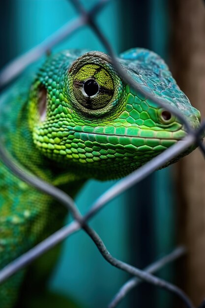 Zdjęcie zielona iguana jest za płotem z drutu