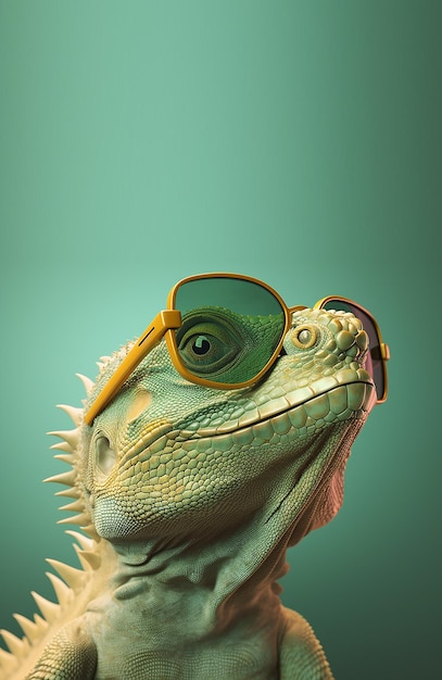Zielona iguana z okularami przeciwsłonecznymi.