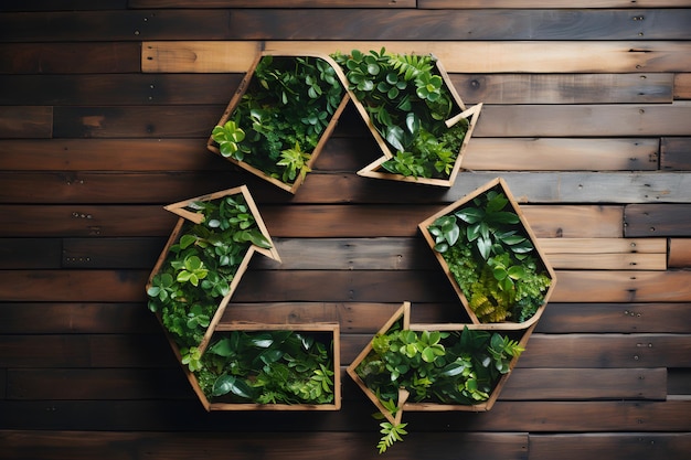Zdjęcie zielona ikona recyklingu na drewnianej ścianie koncepcja ekologicznej recyklingu bezodpadowej produkcji