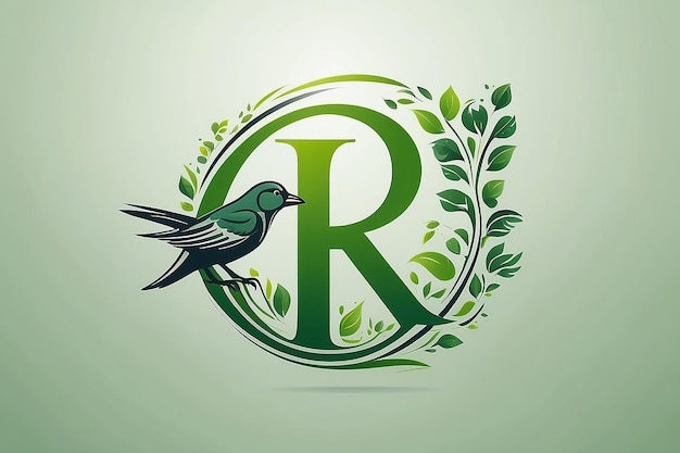 Zielona inicjała litery R z kształtem ptaka wewnątrz wektorowego projektu logo