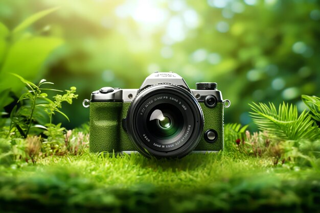 Zielona kamera na trawie z naturalnym tłem bokeh Koncepcja przyrody