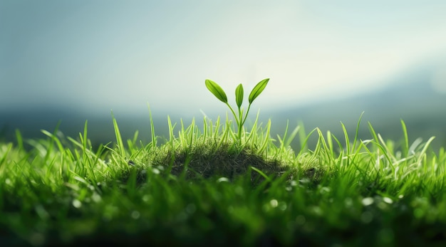 Zielona kiełka rosnąca na trawie z niewyraźnym tłem Koncepcja ekologicznego