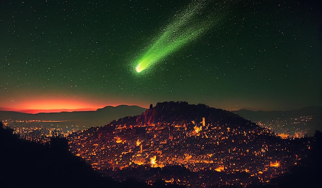 Zielona kometa w styczniu i lutym nad miastem Generowanie Ai