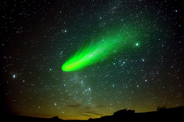 Zielona kometa w styczniu i lutym nad miastem Generowanie Ai