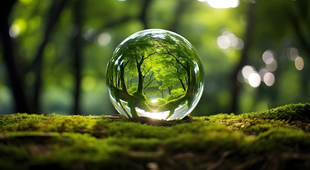 Zielona kula siedzi na zielonej trawie między drzewami Zielona przyroda w piłce wodnej