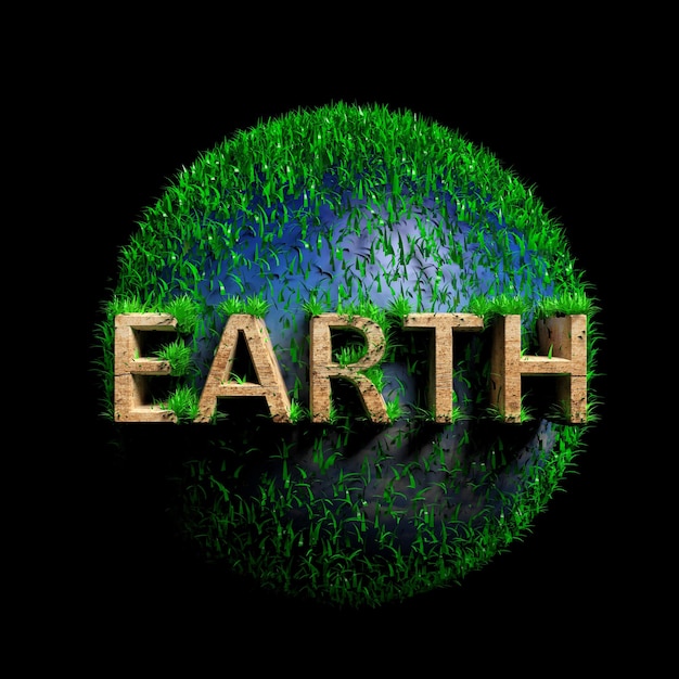 Zdjęcie zielona kula z drewnianym tekstem ziemi odizolowanym na czarno