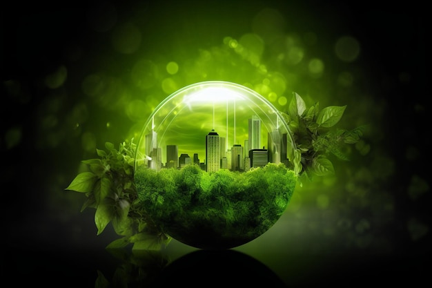 Zielona kula ziemska z miastem w środku i zieloną kulą z napisem miasto.