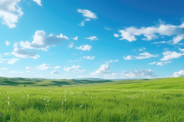 Zielona łąka i niebieskie niebo z białymi chmurami