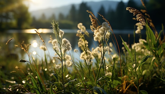 Zdjęcie zielona łąka kwitnie dzikimi kwiatami spokojna letnia scena wygenerowana przez sztuczną inteligencję