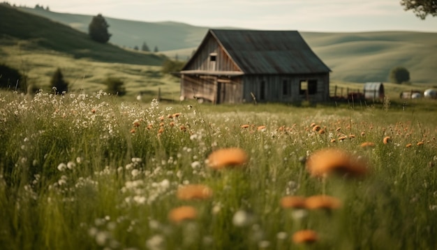 Zielona łąka polne kwiaty stara farma spokojna scena generowana przez AI