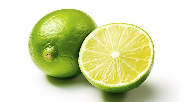 Zielona limonka z rozcięciem na pół i plasterki na białym tle Fresh Green Lime