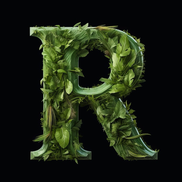 Zdjęcie zielona litera r wykonana z liści na czarnym tle
